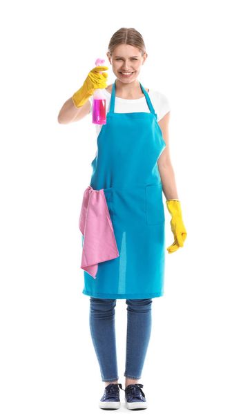 Female janitor on white background - Foto, afbeelding