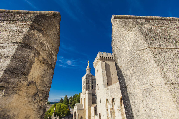 Avignon cathedral next to Papal palace under blue sky in Avignon - Photo, Image