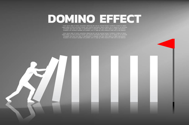 Silhouette d'homme d'affaires poussant le bloc pour créer un effet domino pour atteindre le but
.  - Vecteur, image
