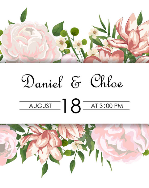 結婚式の花の招待、招待、日付カードのデザインを保存します。水彩画の赤面ピンクのバラ、かわいい白い庭のピオニーの花、緑の葉、緑のシダ、黄金の幾何学的装飾。ピオニのカード - ベクター画像