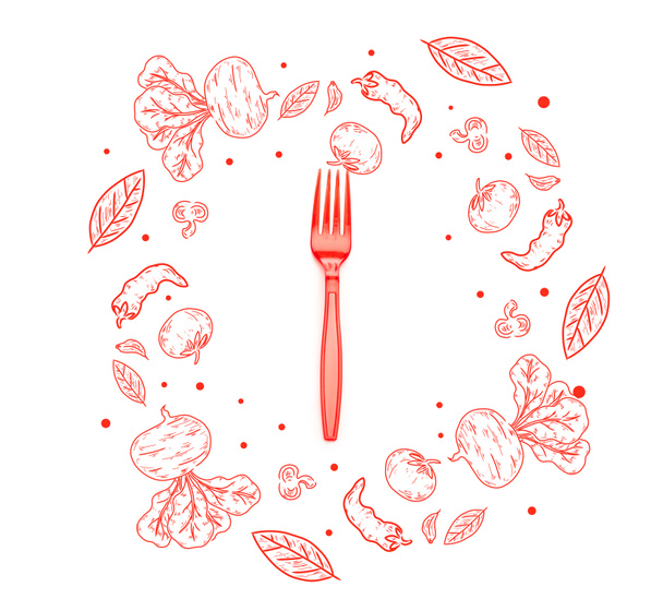 Rode kunststof heldere vork met groenten en bladeren illustratie geïsoleerd op wit  - Foto, afbeelding