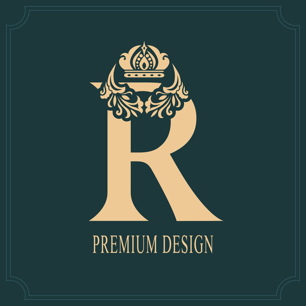 Elegant Letter R with Crown. Graceful Royal Style. Calligraphic Beautiful Logo. Vintage Drawn Emblem for Book Design, Brand Name, Business Card, Restaurant, Boutique, Crest, Hotel. Vector illustration - Vector, Image