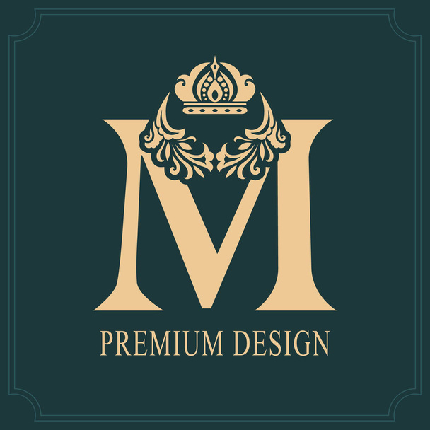 Elegant Letter M with Crown. Graceful Royal Style. Calligraphic Beautiful Logo. Vintage Drawn Emblem for Book Design, Brand Name, Business Card, Restaurant, Boutique, Crest, Hotel. Vector illustration - Вектор, зображення