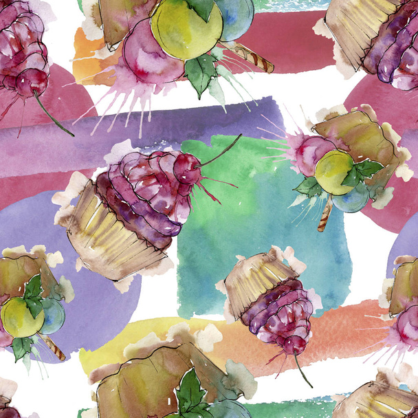 Tasty cupcake in a watercolor style. Aquarelle sweet dessert illustration set. Seamless background pattern. - Photo, Image