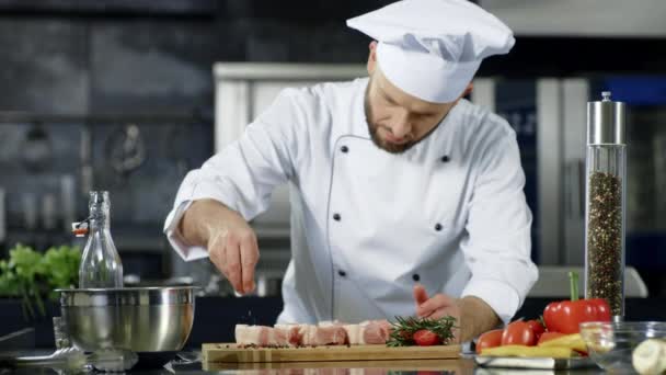 Ο αρσενικός σεφ σάλτινγκ κρέας σε αργή κίνηση στην κουζίνα. Επαγγελματίας μαγείρεμα άνθρωπος πιάτο - Πλάνα, βίντεο