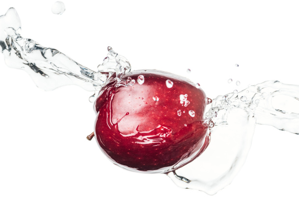 hele rijpe rode appel en helder water plons met druppels geïsoleerd op wit - Foto, afbeelding