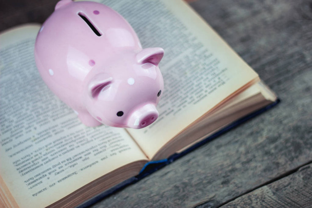piggy bank and book on the table - Foto, imagen