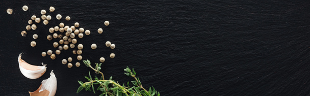 panoramic shot of white pepper on black background near garlic cloves and thyme - Photo, Image