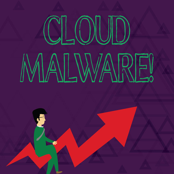 Schreibnotiz, die Cloud-Malware zeigt. Geschäftsfotos mit schädlicher Software oder schädlichem Programm für einen Computerunternehmer mit Brille, der schiefen Pfeil nach oben reitet. - Foto, Bild