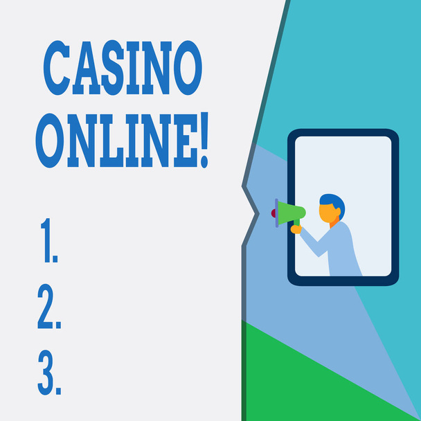 Znak tekstowy przedstawiający Casino Online. Koncepcyjne Hazardziści mogą grać i obstawiać w grach kasynowych przez Internet. - Zdjęcie, obraz