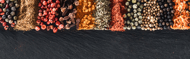 panoramic shot of traditional bright indian spices on textured background - Photo, Image