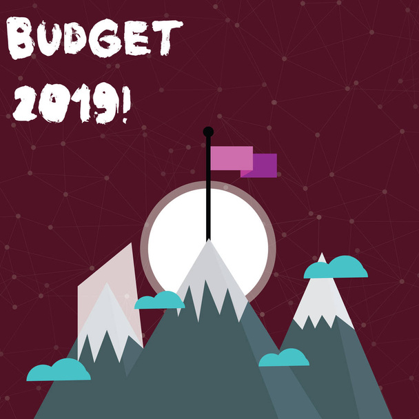 Word writing text Budget 2019.今年度の収入と支出の推定のためのビジネスコンセプト雪と1と3つの高い山はピーク時に空白のカラフルな旗を持っています. - 写真・画像