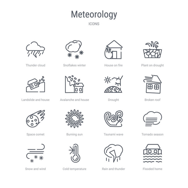 洪水などの16の気象概念ベクトルラインアイコンのセット  - ベクター画像