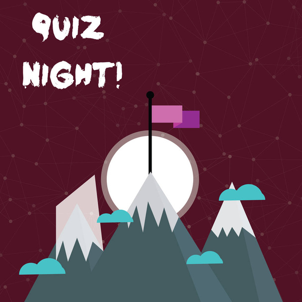 Word writing text Quiz Night. Business concept for evening test knowledge competition between individuals Three High Mountains with Snow and One has Blank Colorful Flag at the Peak. - Photo, Image
