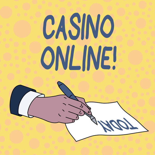 Tekst pisma ręcznego Casino Online. Koncepcja oznacza, że Hazardziści mogą grać i obstawiać w grach kasynowych przez Internet. - Zdjęcie, obraz