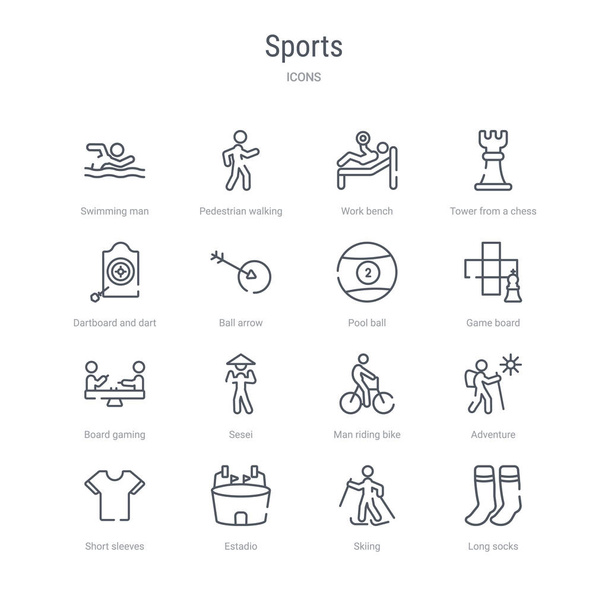 set of 16 sports concept vector line icons such as long socks, s - Vector, Image