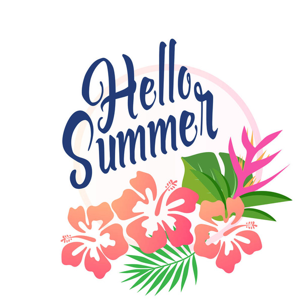 Hello summer card with hibiscus flowers vector illustration - Vector, Image