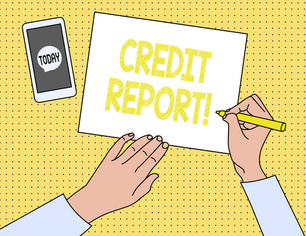 Pisanie tekstu Raport kredytowy. Koncepcja biznesowa dla niego jest szczegółowy raport osoby s jest historią kredytową. - Zdjęcie, obraz
