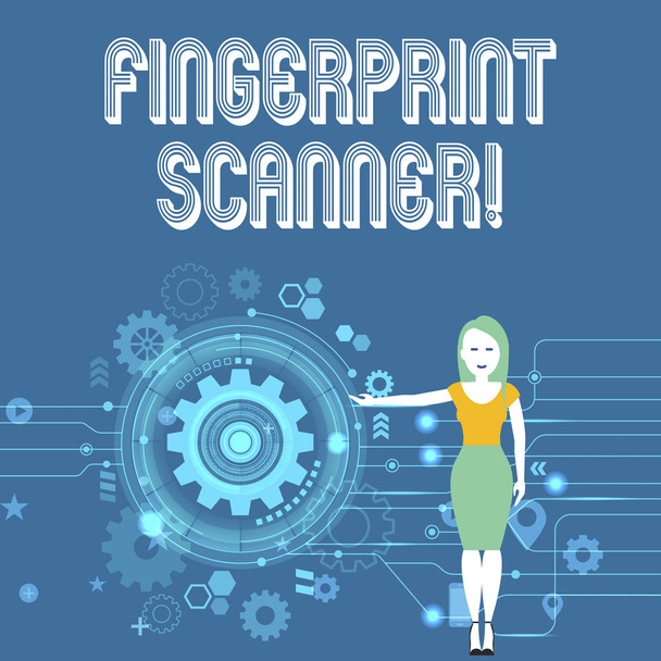 Text sign showing Fingerprint Scanner. Conceptual photo Use fingerprint for biometric validation to grant access Woman Standing and Presenting the SEO Process with Cog Wheel Gear inside. - Photo, Image