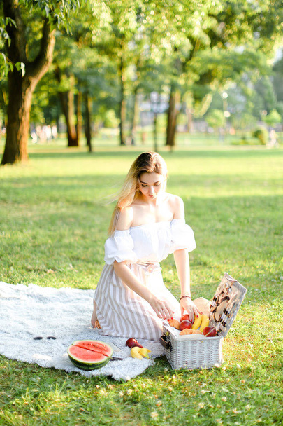 junges Mädchen bereitet sich auf Picknick im Park vor, sitzt auf Plaid in der Nähe von Box und Wassermelone. - Foto, Bild