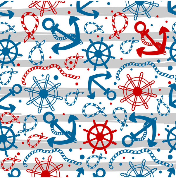 Seamless pattern with red and blue anchor, wheel, rope on a white background with grey stripes. - Вектор,изображение