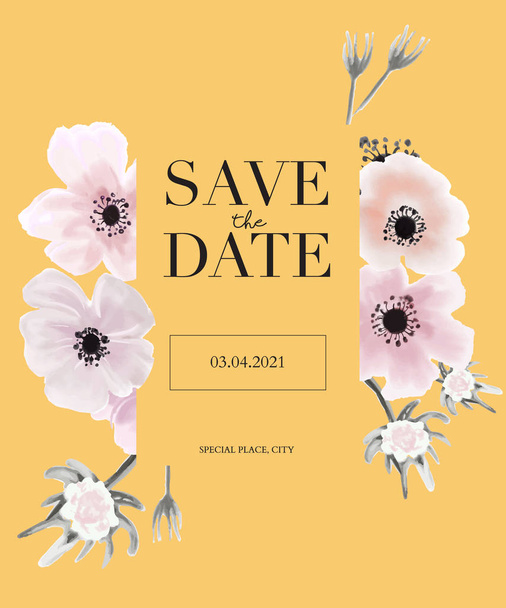 Anemonie botaniche matrimonio invito disegno modello di biglietto, sfondo giallo con tenera rosa fiori ad acquerello, pastello tema vintage - vettoriale
 - Vettoriali, immagini
