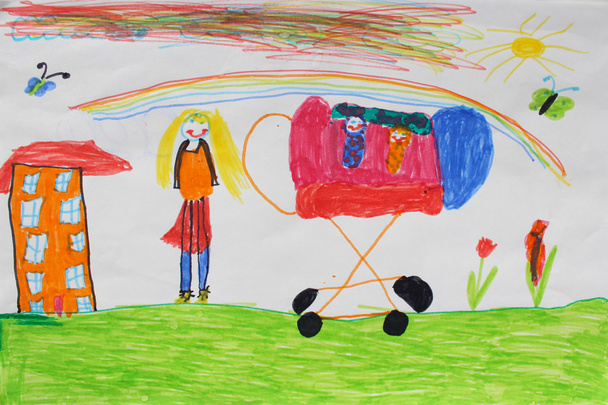 Children's drawing of mother with perambulator - Photo, Image