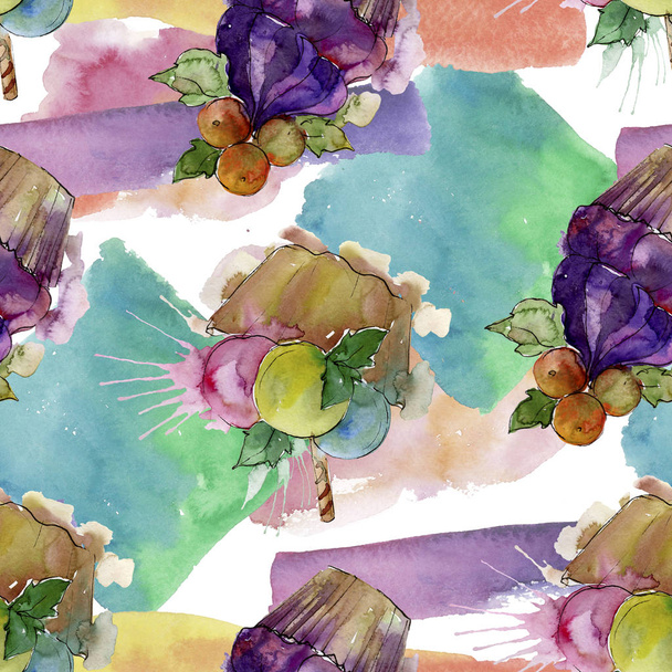 Tasty cupcake in a watercolor style. Aquarelle sweet dessert illustration set. Seamless background pattern. - Фото, изображение
