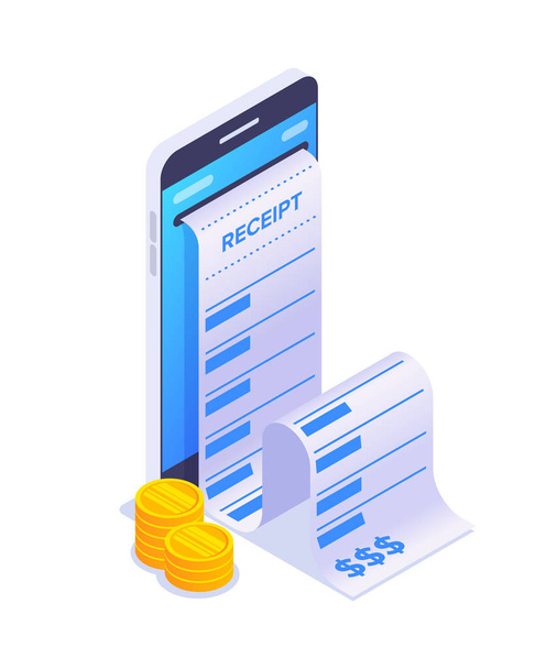 Receipt on mobile phone screen. Online shopping concept. Golden stack coins on smartphone background. Vector 3d isometric illustration isolated on white background. - Vector, Image