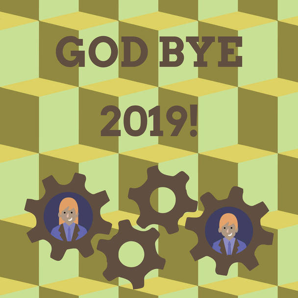 Word writing text God Bye 2019. Business concept for express good wishes when severing or at the end of past year Two Business People Each Inside Colorful Cog Wheel Gears for Teamwork Event. - Φωτογραφία, εικόνα