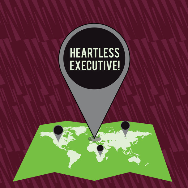 Text sign showing Heartless Executive. Conceptual photo workmate showing a lack of empathy or compassion Colorful Huge Location Marker Pin Pointing to an Area or GPS Address on Map. - Fotoğraf, Görsel