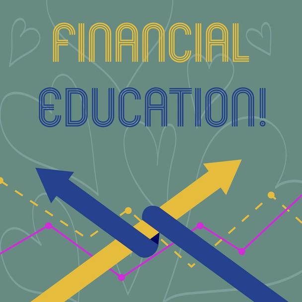 Fogalmi kézi írás mutatja pénzügyi oktatás. Üzleti fotó bemutató oktatás és megértése a különböző pénzügyi területek két nyíl az egyik összefonódik más Team up vagy a verseny. - Fotó, kép