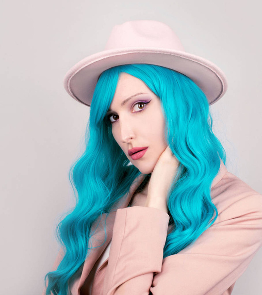Portrait of beautiful young woman with blue hair - Zdjęcie, obraz