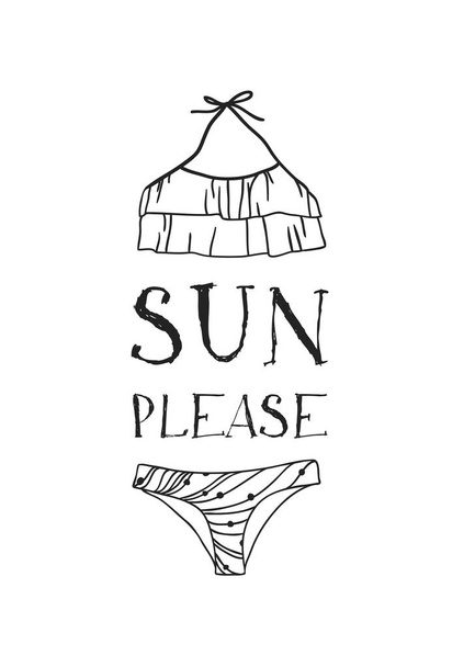 Hand drawn summer quote and bikini illustration. Actual tropical - Вектор, зображення