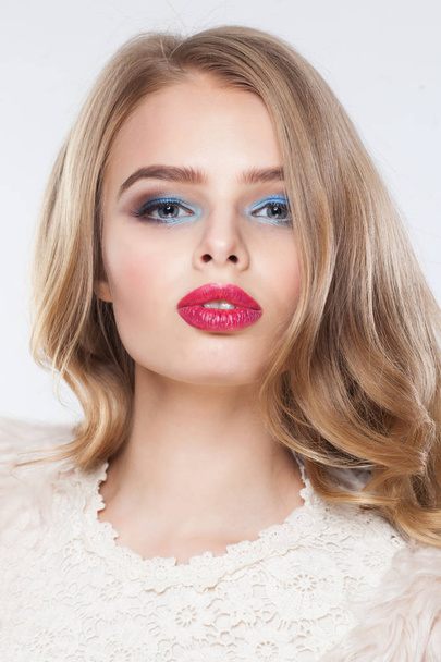 Nice woman with blonde hair and red lips makeup. Beautiful female - Фото, изображение