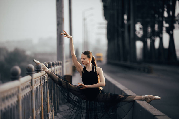 Ballerina sitting in twine pose on the bridge against the backgr - Photo, Image