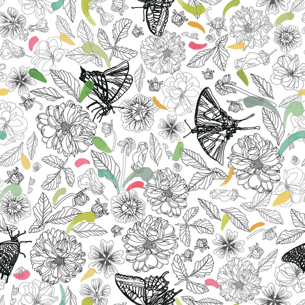 Bílý vzor s motýlem a květinami. - Vektor, obrázek