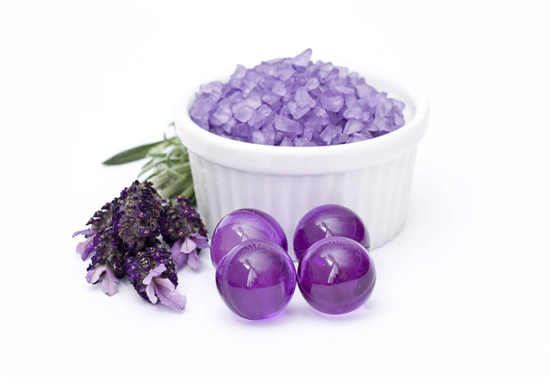 bath salt, oil pearls and flowers of lavender) - Photo, Image
