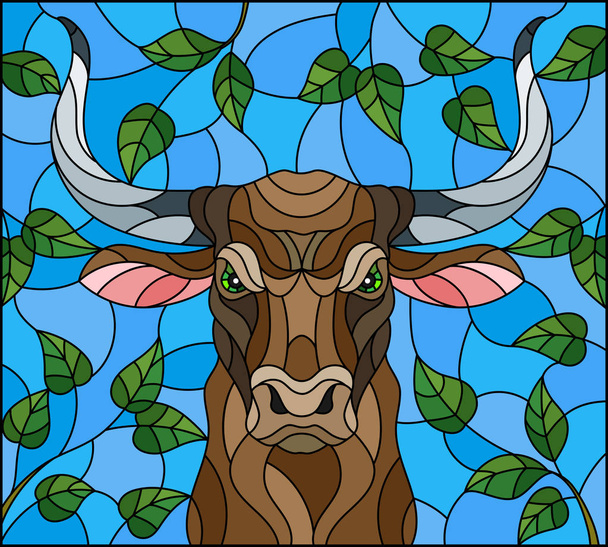 Kuva lasimaalauksia tyyliin härkä pää, taustalla puun oksat ja taivas, suorakulmainen kuva
 - Vektori, kuva