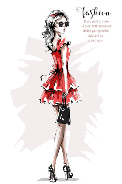 handgezeichnete schöne junge Frau in rotem Kleid. stilvolle elegante Mädchen. Damenmode. Skizze. Vektorillustration.  - Vektor, Bild