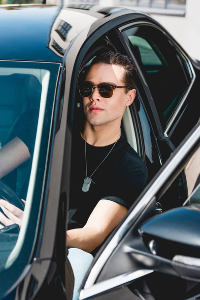 handsome stylish man in sunglasses with tag dog sitting in car  - 写真・画像