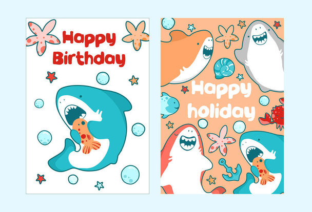 Sea cards for children birthday. Cute baby illustration of a sharks - Vektori, kuva