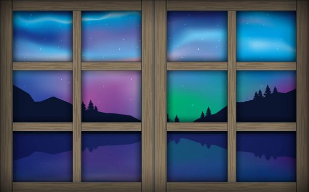 vista de coloridas luces boreales en las ventanas en la noche
 - Vector, Imagen