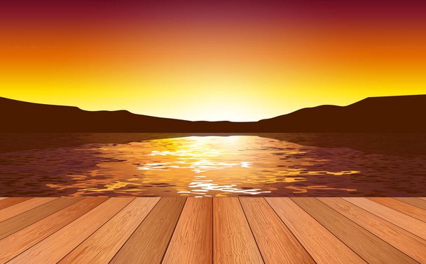 wooden floor at the river in the morning - Vector, Image