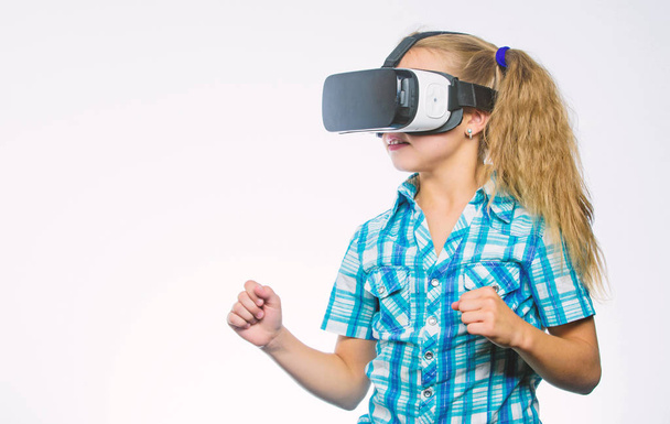 Virtual reality concept. Kid explore modern technology virtual reality. Virtual education for school pupil. Girl cute child with head mounted display on white background. Get virtual experience - Fotoğraf, Görsel