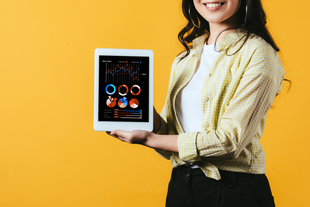cropped view of girl showing digital tablet with infographic, isolated on yellow - Foto, afbeelding