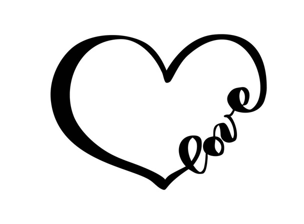 Ręcznie rysowane serce z tekstem miłość znak. Romantyczna ilustracja wektorowa kaligrafii. Ikona konceptu symbol t-shirt, kartki okolicznościowe, plakat ślubu. Projekt płaski element Walentynkowy - Wektor, obraz