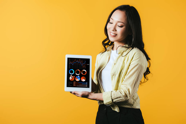счастливая азиатская девушка показывает цифровой планшет с инфографическим приложением, изолированный на желтый
 - Фото, изображение