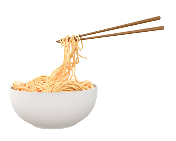 Κινέζικα noodle ή ιαπωνικά Στιγμιαία noodle Κομμένα με chopsticks σχηματίζουν λευκό μπολ, στρίψτε ή στροβιλίζονται σχήμα 3d Εικονογράφηση. - Φωτογραφία, εικόνα