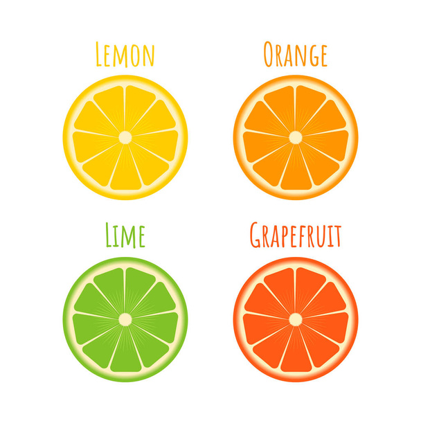 Set of citrus icons in flat style. Slices of orange, lime, lemon - Vector, afbeelding